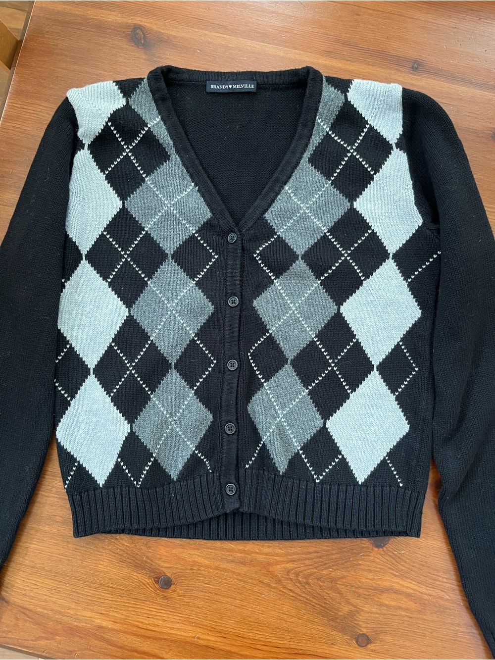 BRANDY MELVILLE Black & Gray Argyle V-Neck Cardigan Sweater